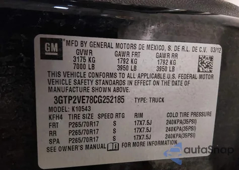 2012 GMC Sierra 1500 Sle z USA, uszkodzony, nr VIN 3GTP2VE78CG252185